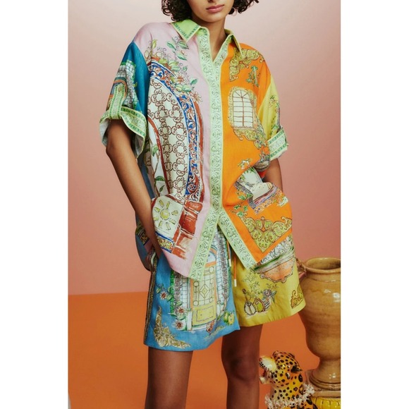 Alemais Monte European Flax Button Front All-Over Print Blouse Size 8